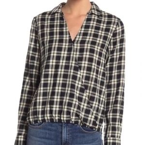 Madewell | Black and White Plaid Faux Wrap Long Sleeve Shirt | Size L